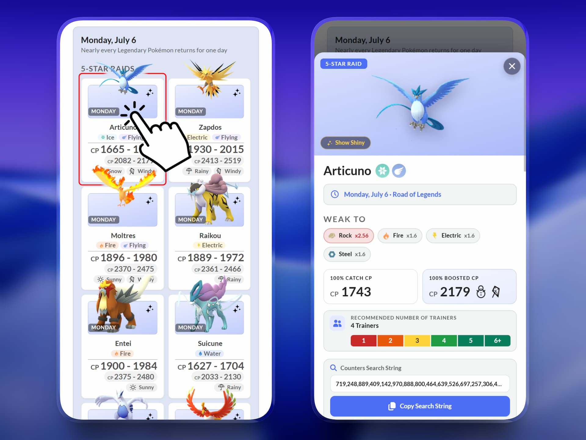 Tap a raid boss card to open its detail drawer with top counters, recommended Trainers, and a counter search string.